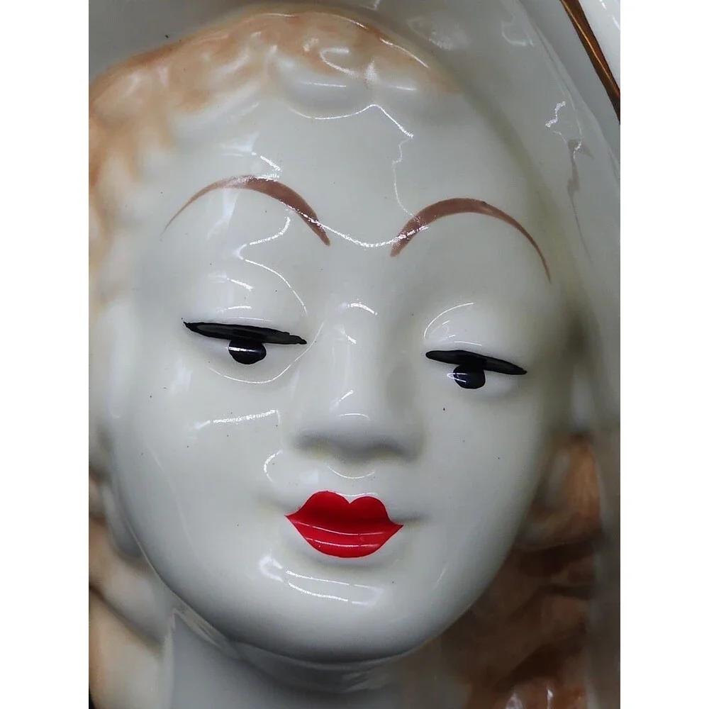 Art Deco Head Vase Blonde Lady Womans Face Large Hat Gold Gilt Red Lips 8